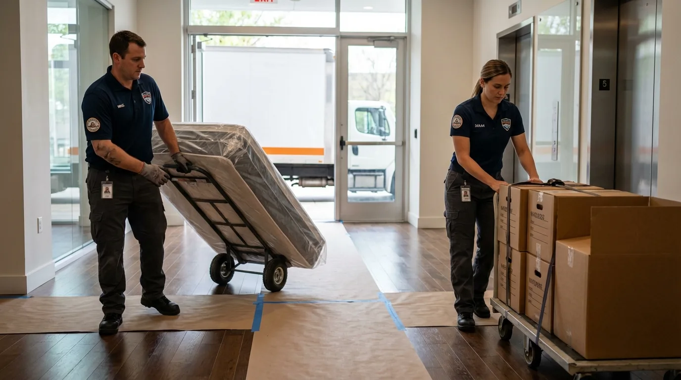 Professional apartment movers loading elevator in Mahnomen, MN